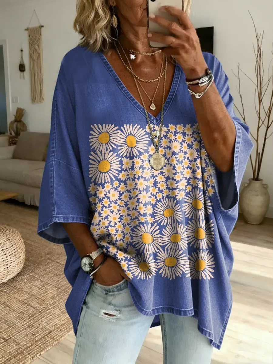 Women's Vintage Daisy Art Print Casual Loose Washed Cotton Denim Top