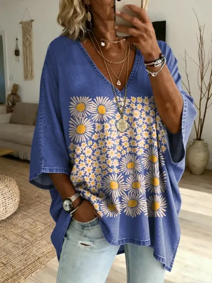 Women's Vintage Daisy Art Print Casual Loose Washed Cotton Denim Top
