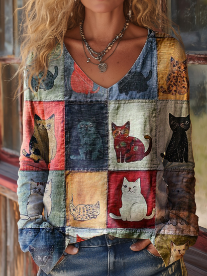 Women's Retro Cute Cat Patchwork Art Print Casual V-neck Long Sleeve Cotton T-shirt