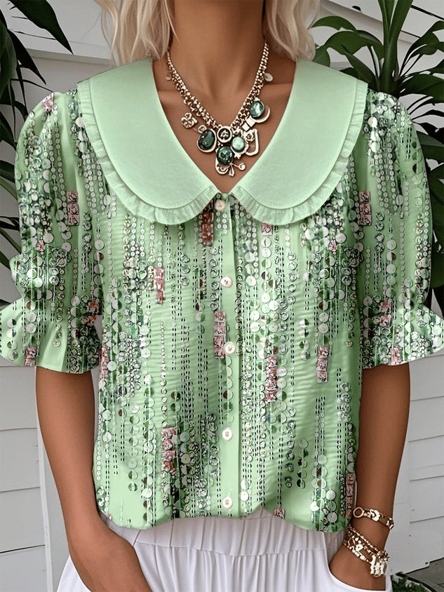 Women's Vintage Botanical Floral Design Print Doll Collar Casual Shirt