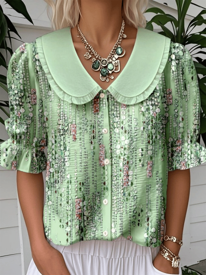 Women's Vintage Botanical Floral Design Print Doll Collar Casual Shirt