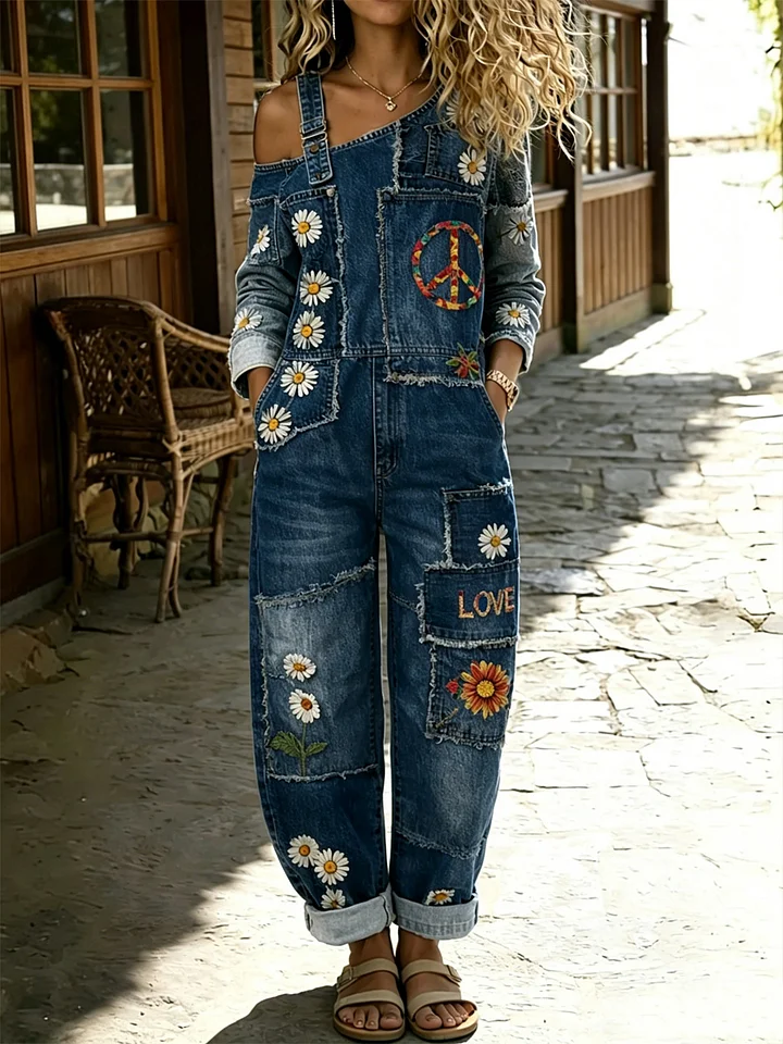 Women's Peace Sign & Daisy Print Off-Shoulder Denim Jumpsuit