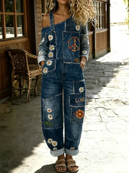 Women's Peace Sign & Daisy Print Off-Shoulder Denim Jumpsuit