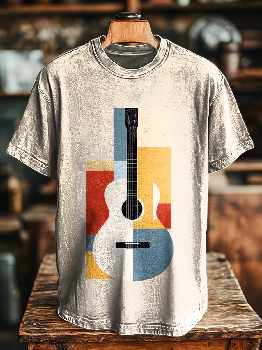Unisex Colorful Simple Guitar Art Print Casual Loose Short Sleeve T-Shirt