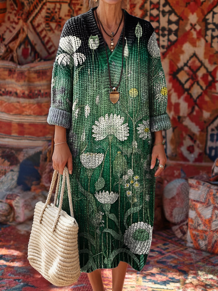 Women's Vintage Green Gradient Floral Art Prints Casual V-neck Knit Dresses