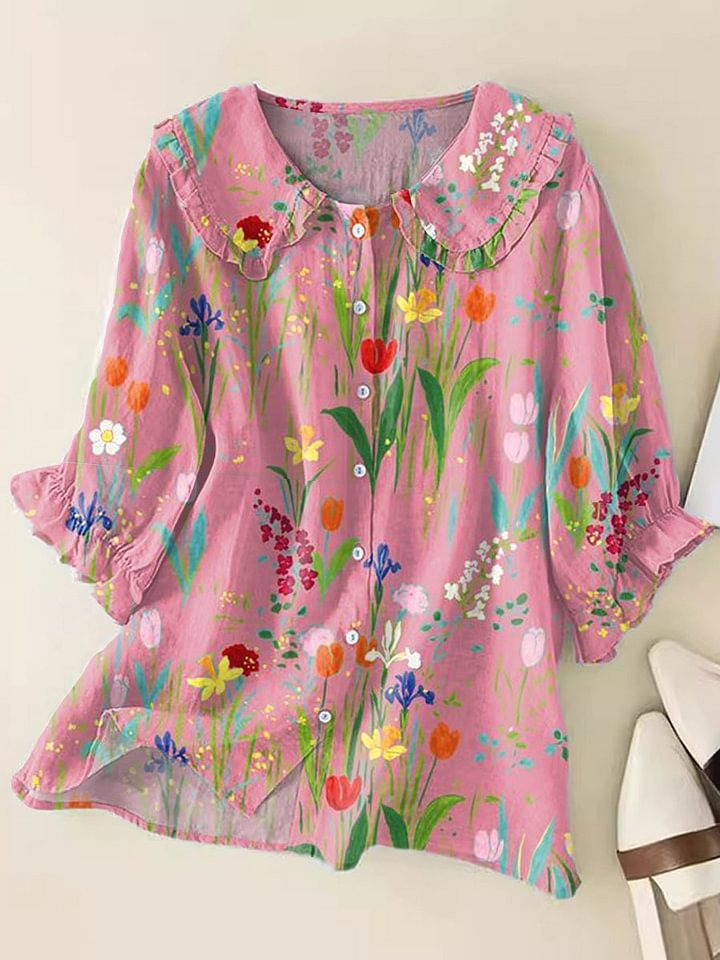 Women's Vintage Flowers Print Casual Linen V-neck Shirt