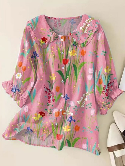 Women's Vintage Flowers Print Casual Linen V-neck Shirt