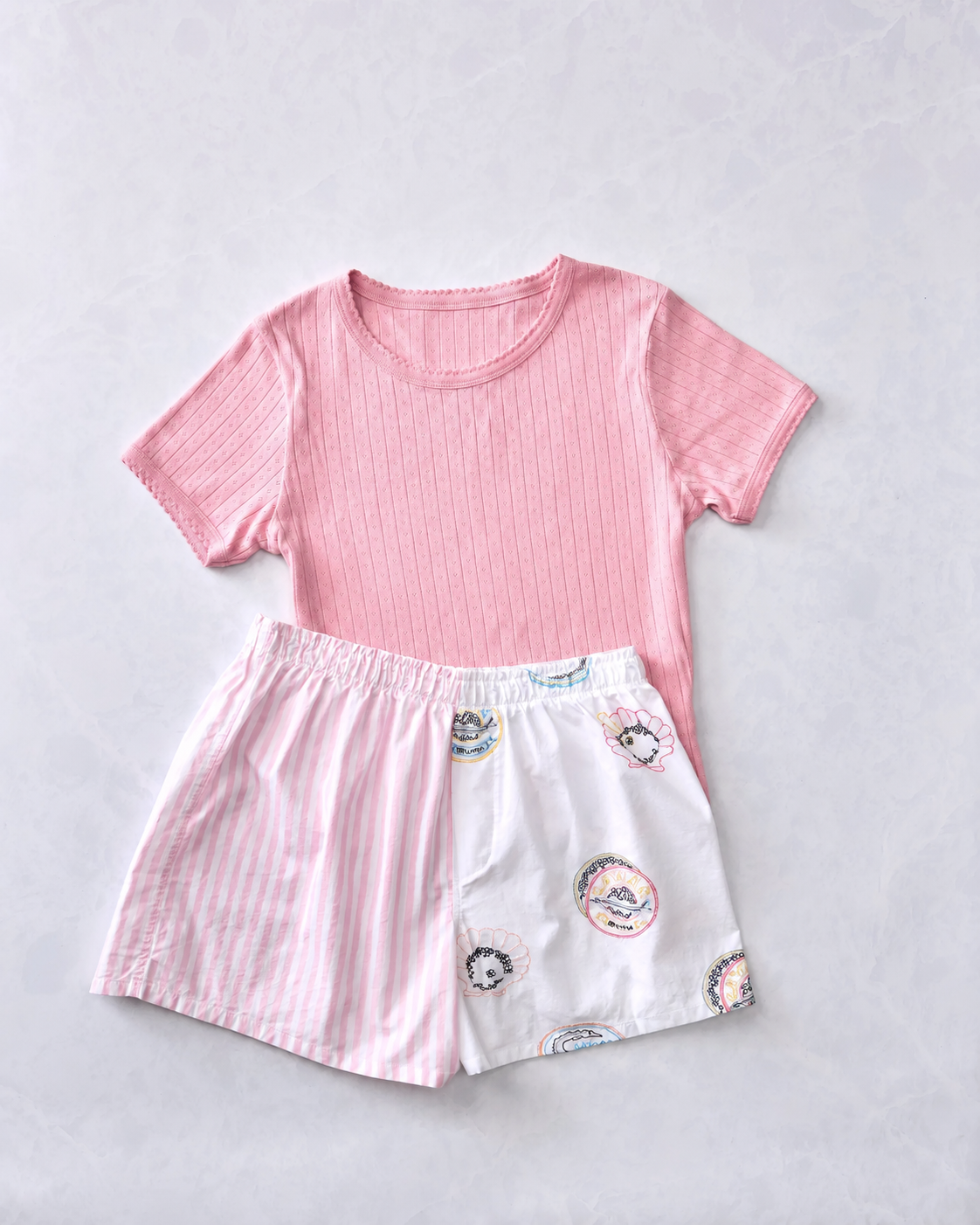 Embroidered Caviar Club - Boyfriend Boxers & Pointelle Short Sleeve Bundle - Pearl