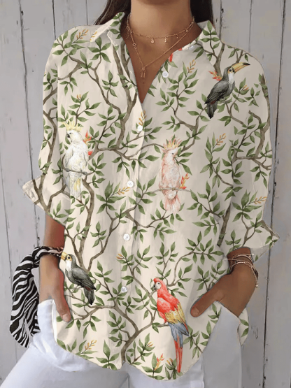 Women's Forest Floral Parrot Print Casual Lapel Shirt