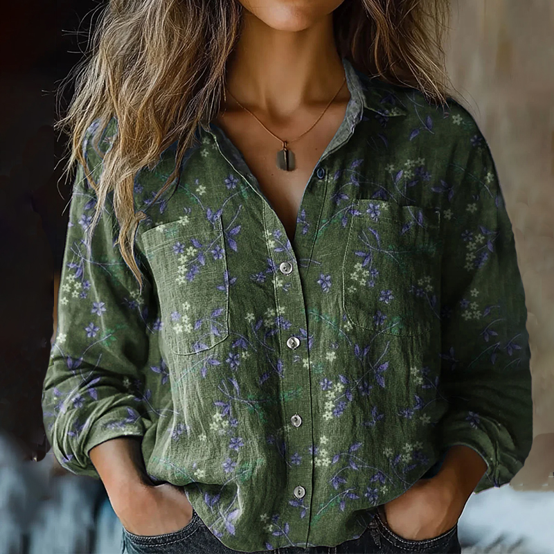 Bohemian Style Floral Linen Print  Long Sleeve Shirt