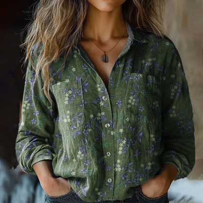 Bohemian Style Floral Linen Print  Long Sleeve Shirt
