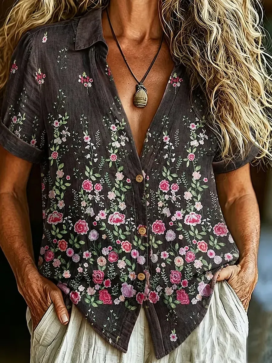 Women's Floral Print Casual Button-Down Shirt