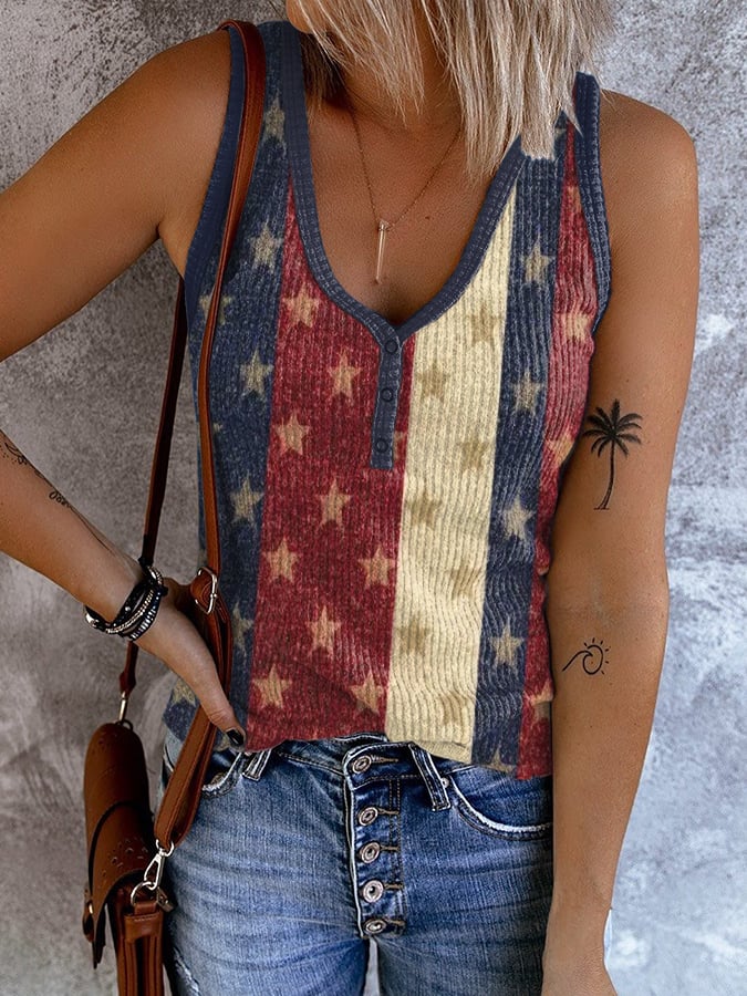Women's Retro Independence Day Stripes Print Tank Top
