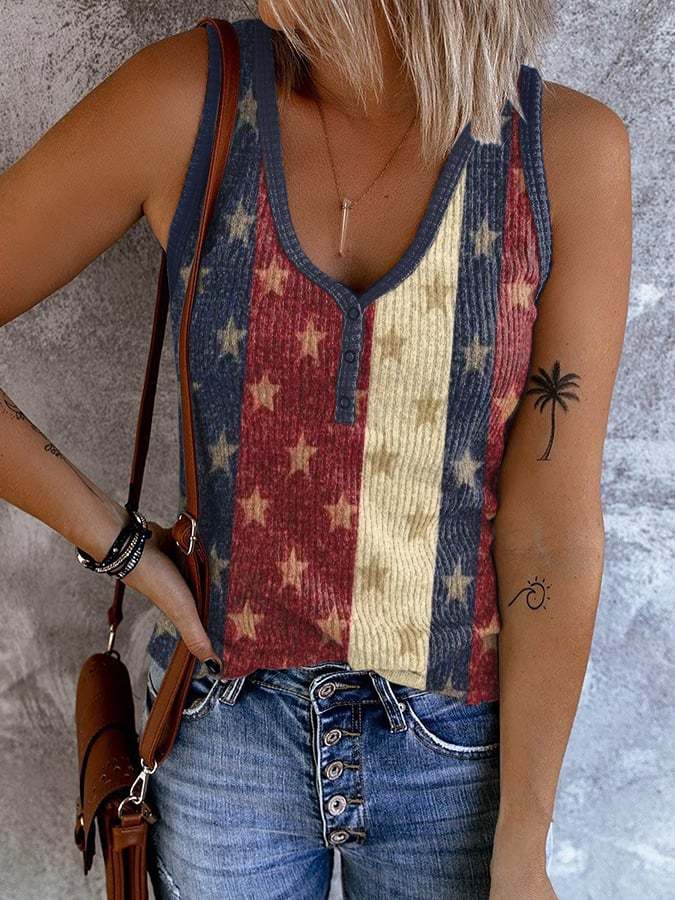 Women's Retro Independence Day Stripes Print Tank Top