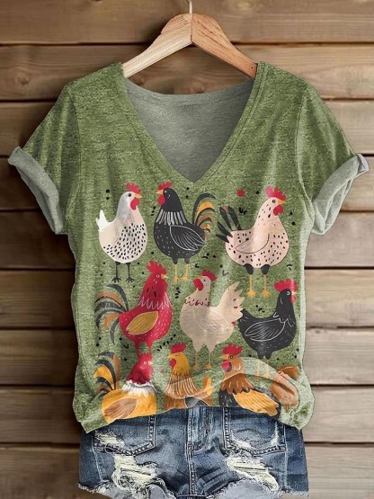 Women's Retro Cute Chicken Art Print Casual Cotton Linen Shirt