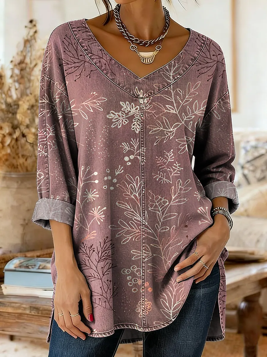 Ethnicity Pink Leaves Flowers Women's Art Print Casual Washed Denim Cotton Top