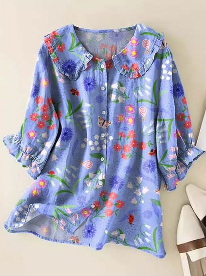 Women's Vintage Flower Art Print Casual Linen V-neck Shirt
