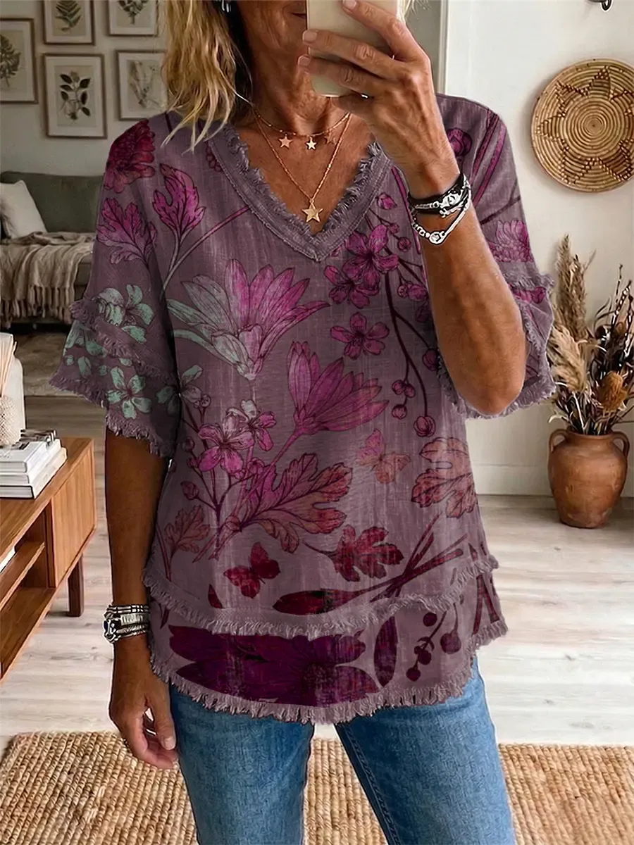 Ethnic Flower Women's Art Casual Patchwork V Collar Shirt