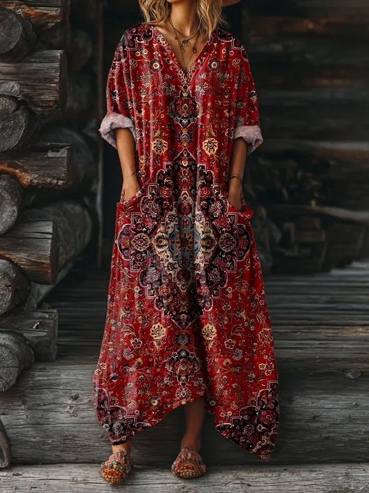 Vintage Ethic Print V-neck Casual T-Shirt