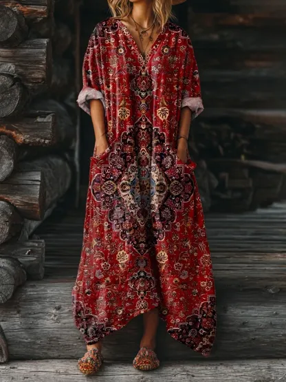 Vintage Ethic Print V-neck Casual T-Shirt