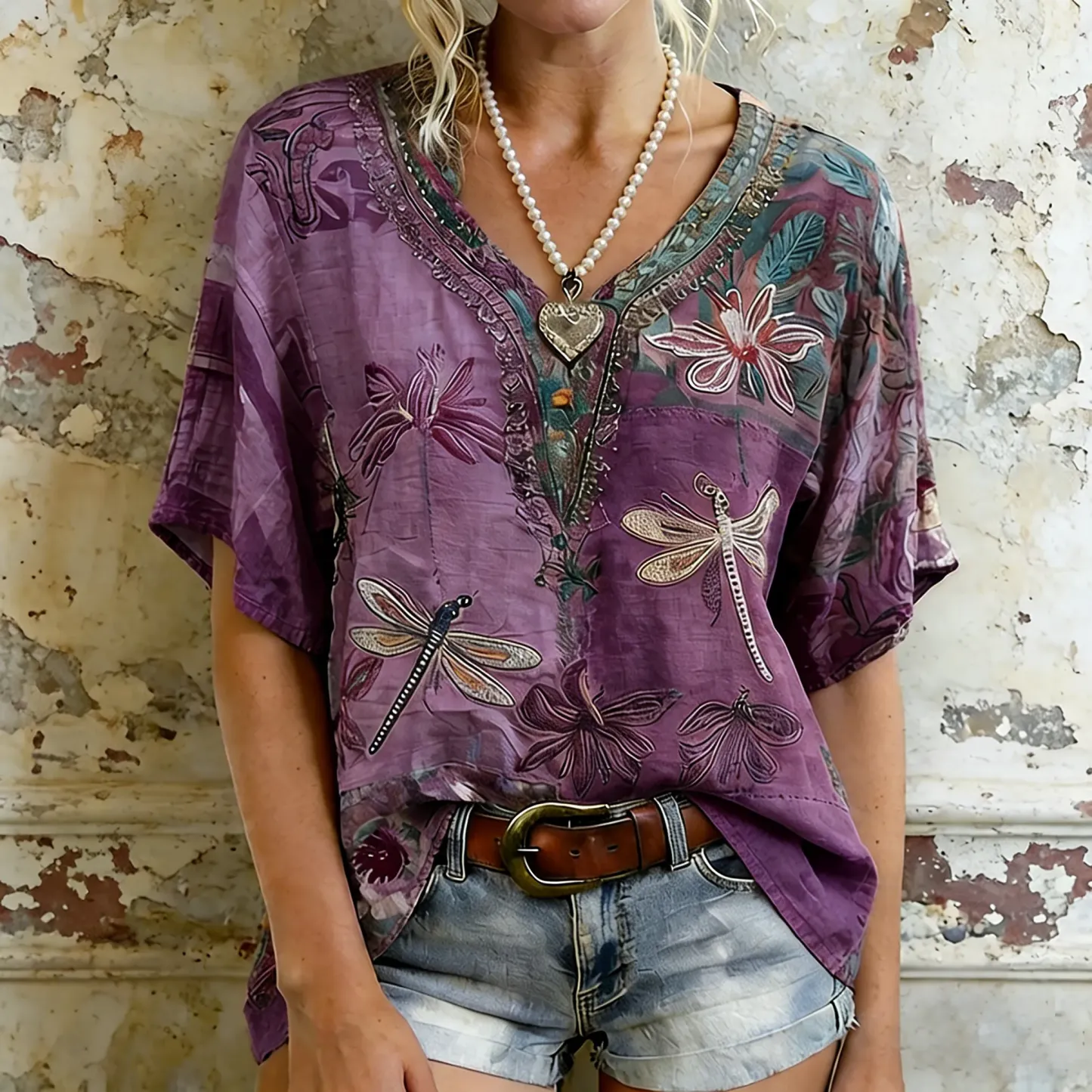 Women's Dragonfly And Floral Art  Flowy Linen Blend Short Sleeve Tops