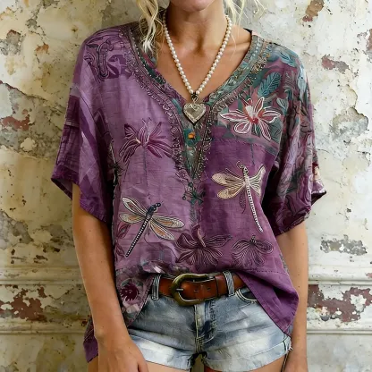 Women's Dragonfly And Floral Art  Flowy Linen Blend Short Sleeve Tops