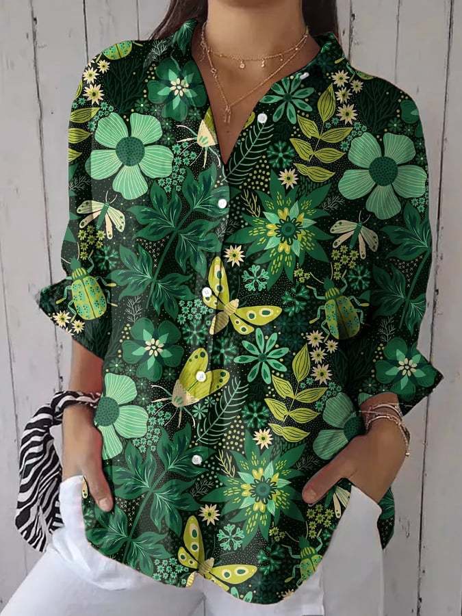 Women's Casual Green Forest Wildflowers And Insects Print Shirt