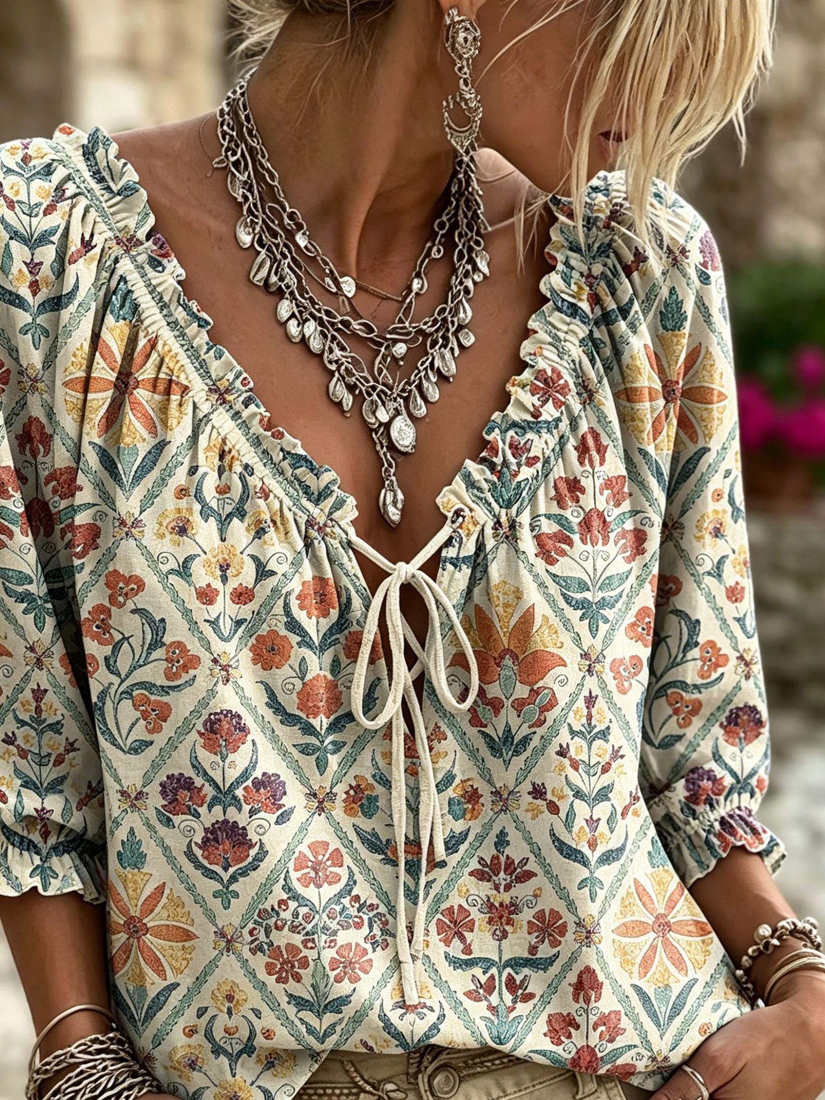 Women's Retro Bohemian Floral Plaid Art Print Casual Three-quarter Sleeve V-neck Ruffle Drawstring Blouse