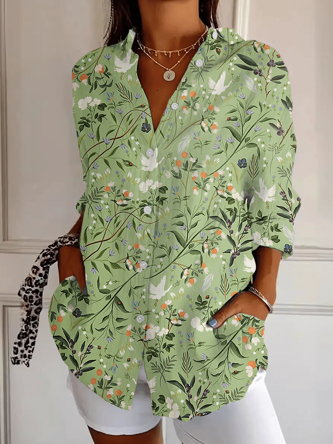 Women's Forest Floral Print Casual Lapel Shirt