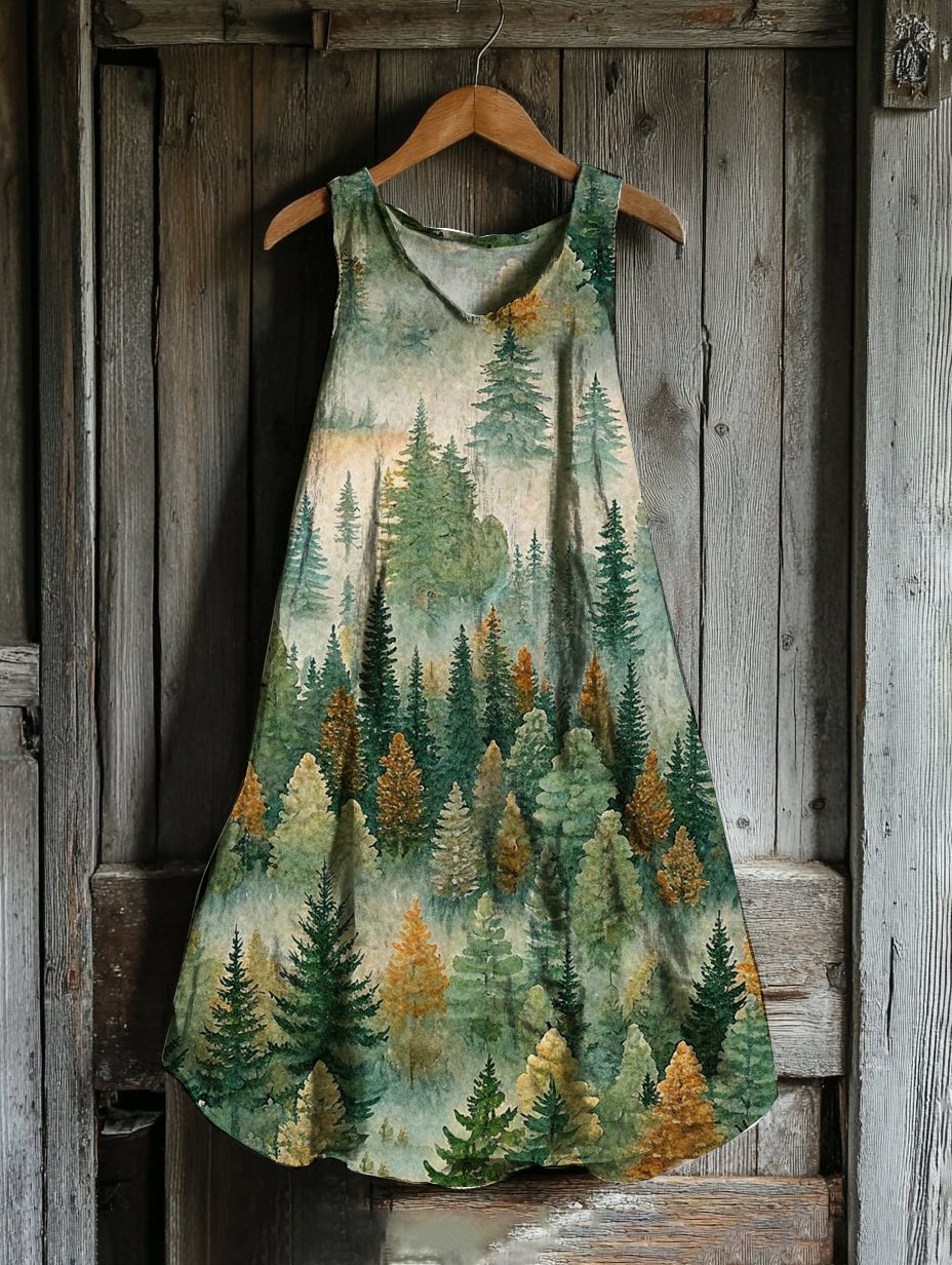 Women's Casual Forest Plant Cotton And Linen Dress