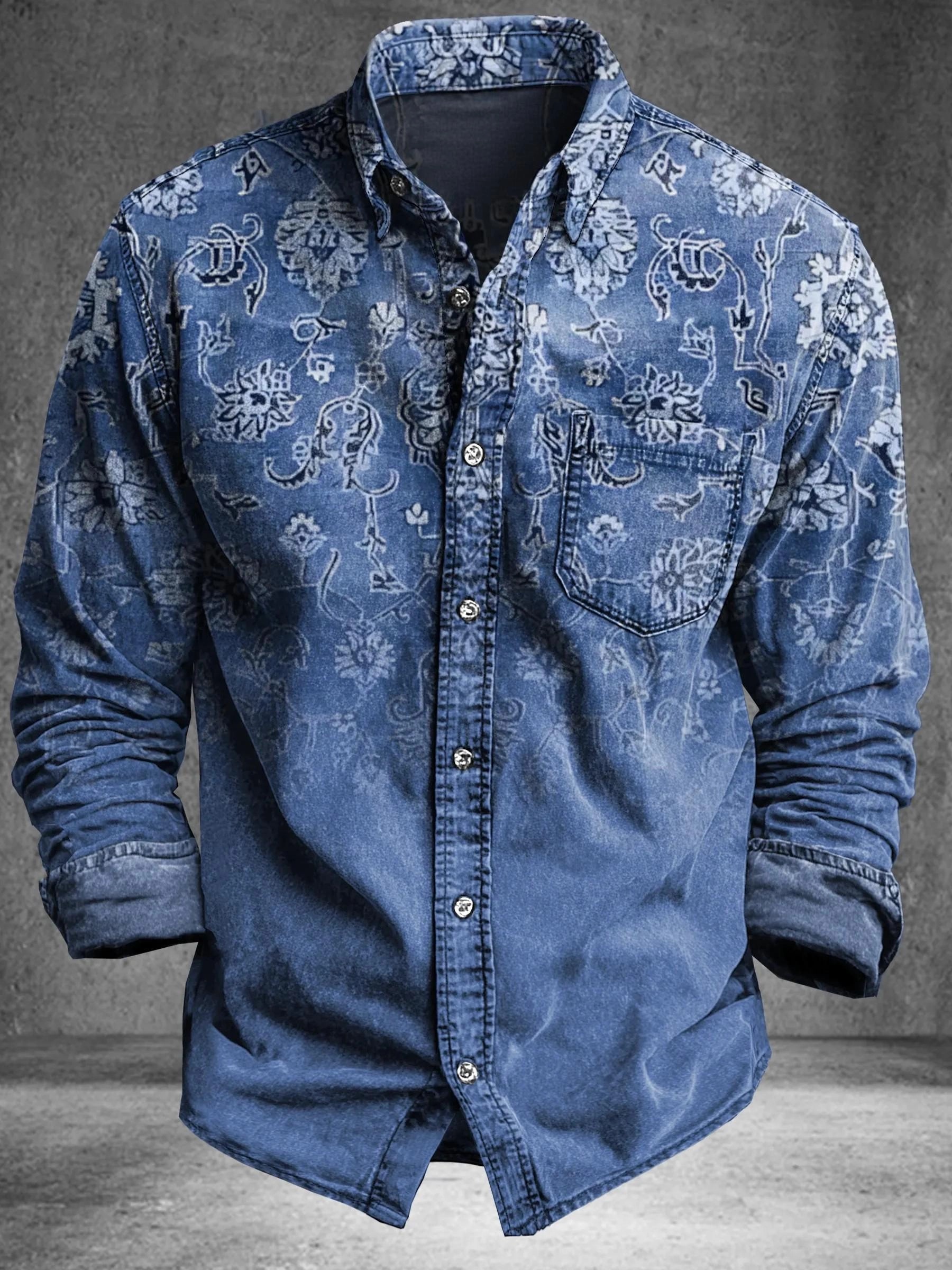 Vintage Abstract Gradient Floral Art Print 100% Cotton Long Sleeve Shirt