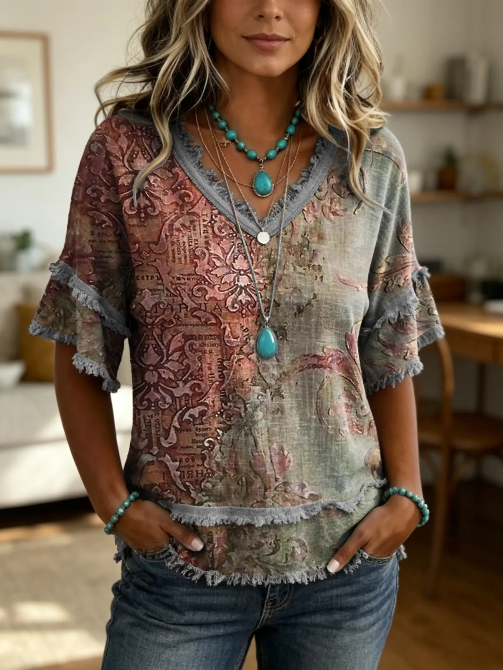 Women's Vintage Ethnic Floral Print V-neck Frayed-edge Short-sleeve Top