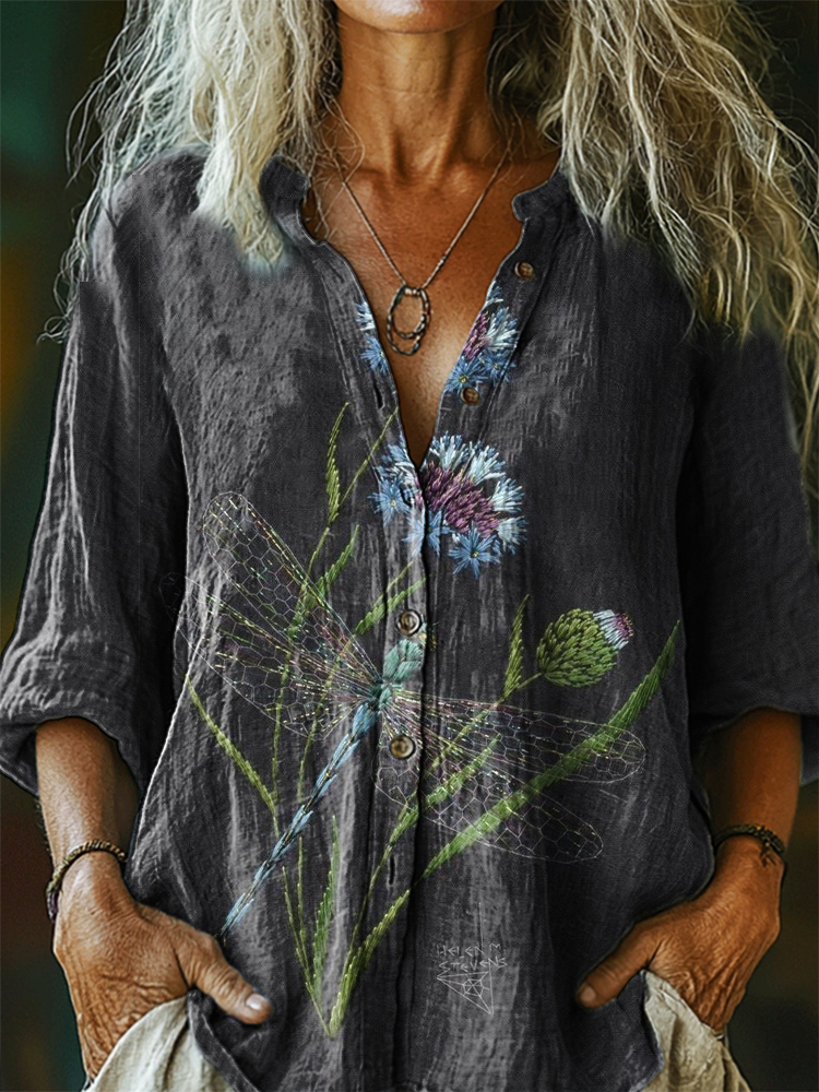 Women's Dragonfly Floral Pattern Artistic Print Casual Cotton-Linen Sh