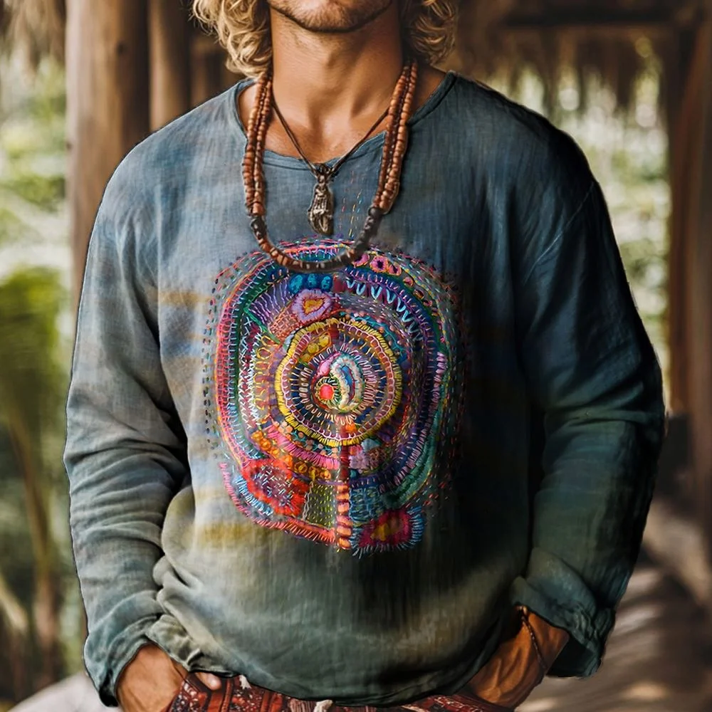 Unisex Vintage Line Embroidery Printed Casual Loose Short Sleeve T-Shirt