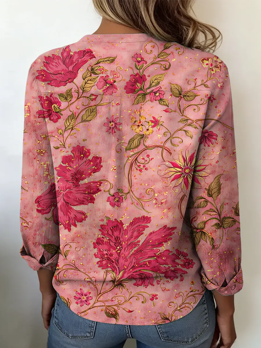 Women's Casual Fashion Retro Multicolor Floral Print Cotton Shirt