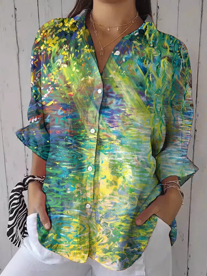 Women's Casual Retro Forest Oil Painting Print Shirt
