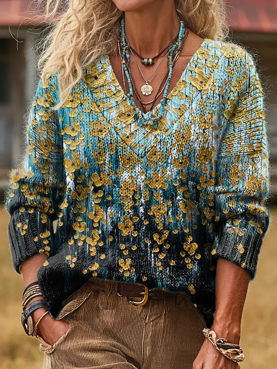 Women's Vintage Floral Pattern Art Print Comfortable V-Neck Knit Sweat