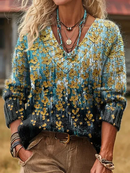 Women's Vintage Floral Pattern Art Print Comfortable V-Neck Knit Sweater