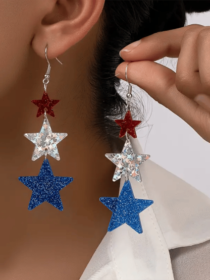 Independence Day Five-Pointed Star Three-Color Stitching Glitter Simple Earrings