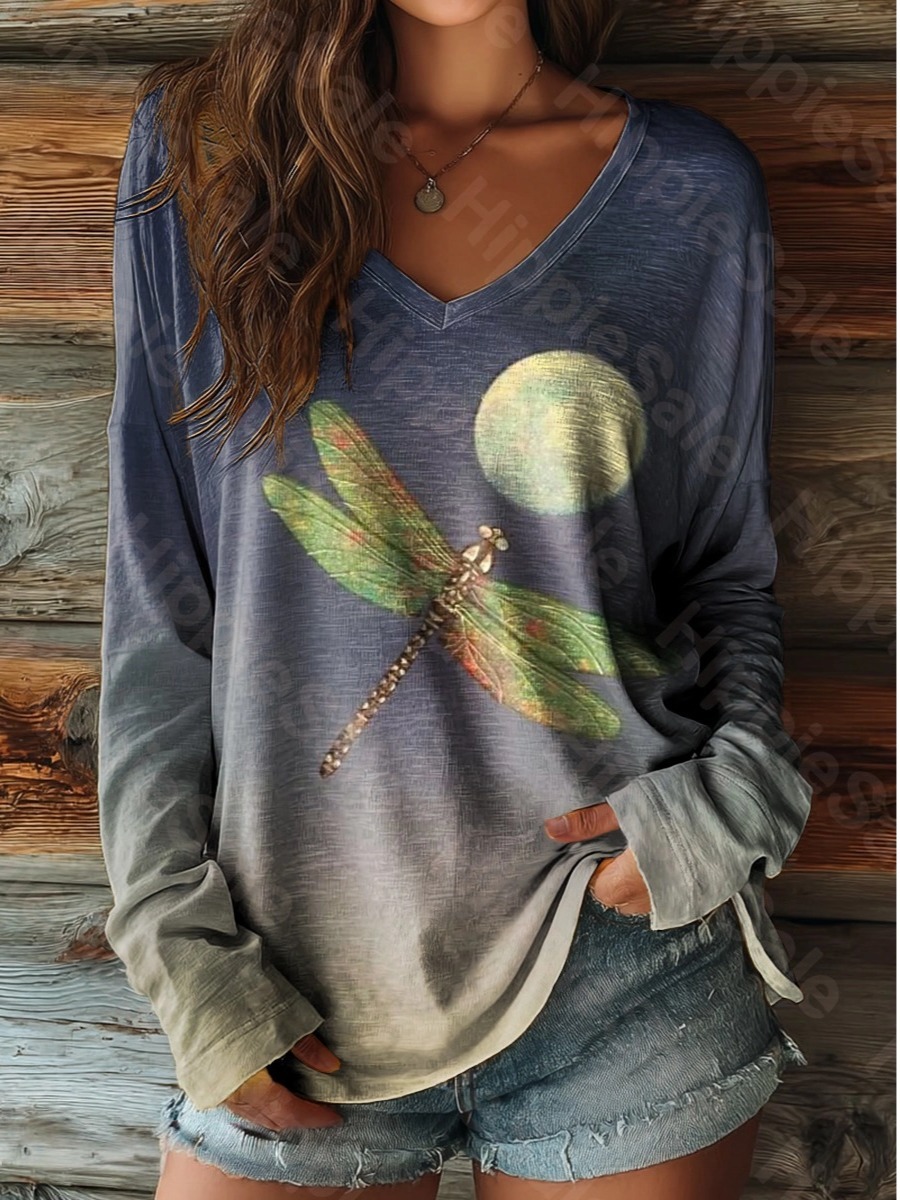 Women's Vintage Dragonfly Moon Art Print Casual Long Sleeve T-shirt