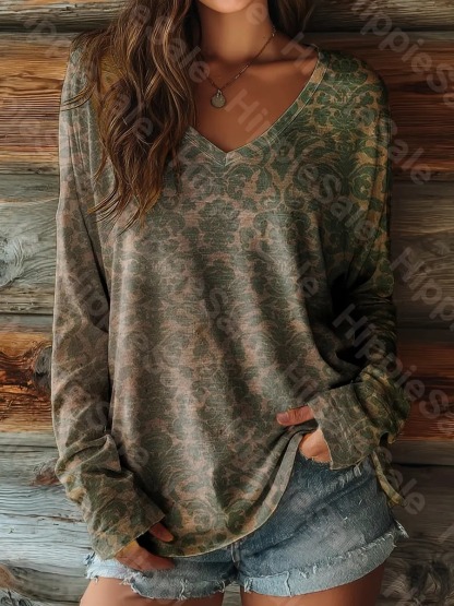 Women's Ethnic Floral Tattoo Pattern Art Print Casual V-neck Long Sleeve T-shirt