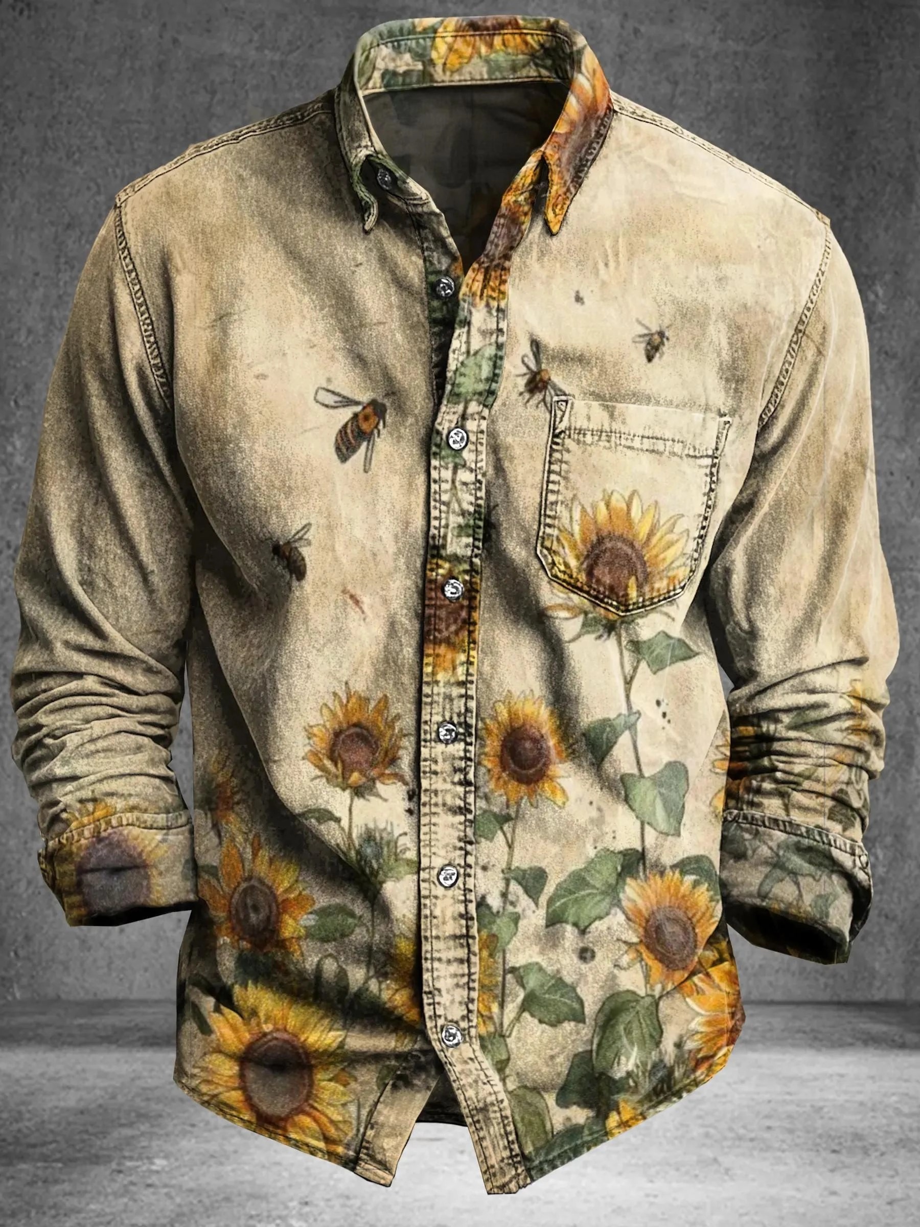 Vintage Abstract Sunflower Totem Art Print 100% Cotton Long Sleeve Shi