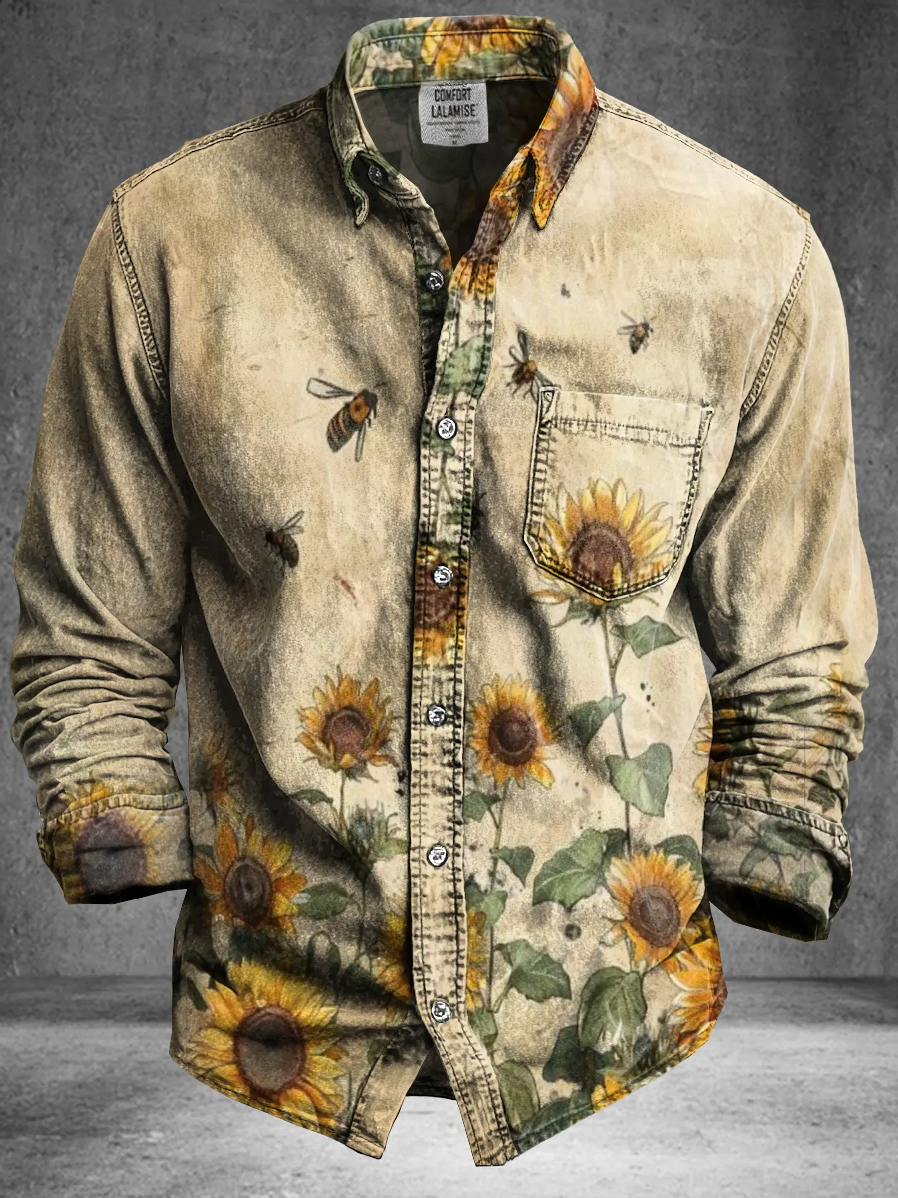 Vintage Abstract Sunflower Totem Art Print 100% Cotton Long Sleeve Shi