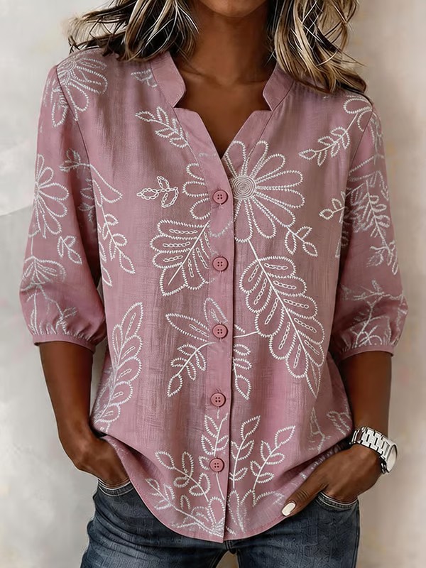 Women's Casual  Short-Sleeve Positioning Print Cotton-Linen Top