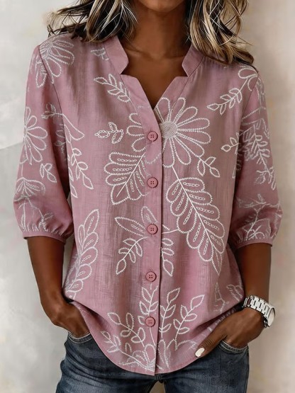 Women's Casual  Short-Sleeve Positioning Print Cotton-Linen Top