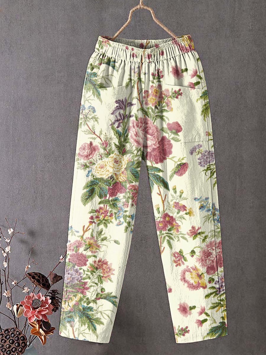 Women's Vintage Floral Art Printed Cotton And Linen Casual Pants