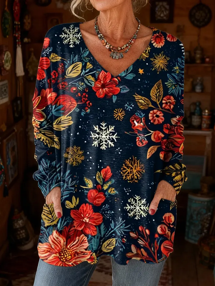 Women's Vintage Floral Pattern Art Print Casual Long-Sleeve V-Neck T-S
