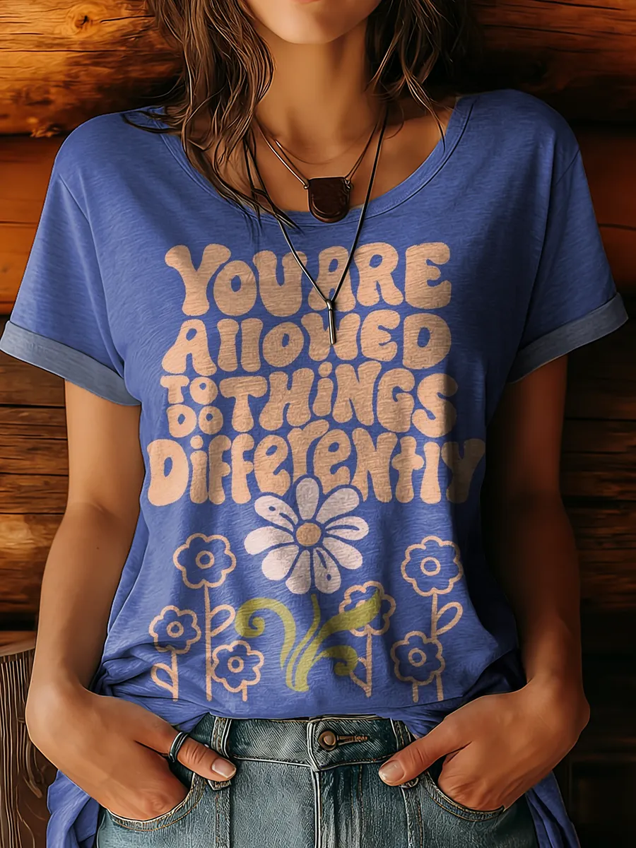 Women's Vintage Blue Floral Art Print Casual V-neck Short Sleeve Cotto