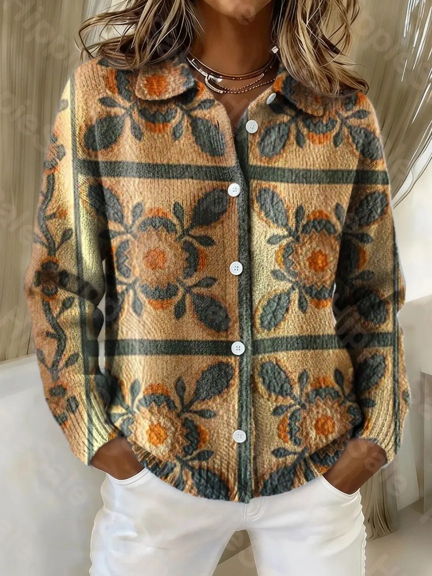 Women's Bohemian Vintage Floral Art Print Cowl Neck Sweater