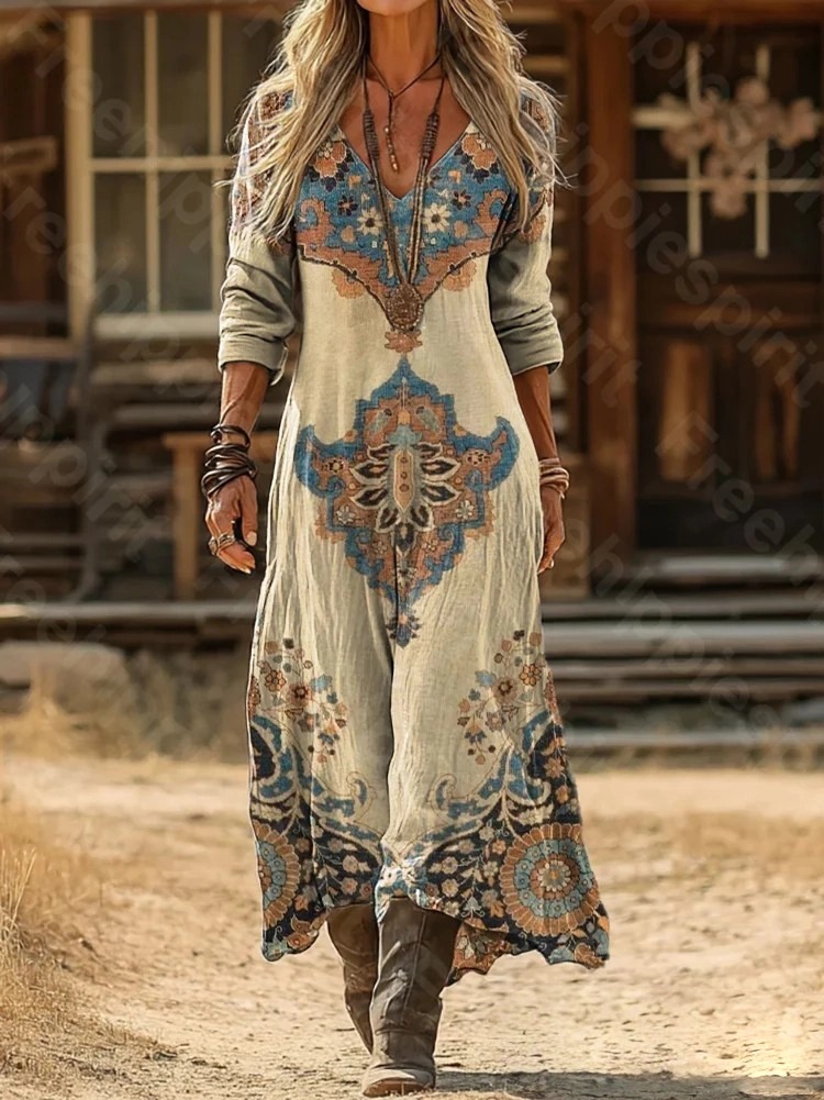 Vintage Ethnic Pattern Art Print Pocket Cotton Dress